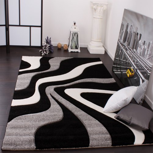 Paco Home Alfombra De Diseño Perfilado - Estampado De Ondas - Negro Gris Blanco, tamaño:120x170 cm