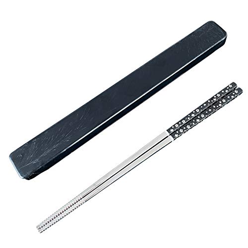 Palillos de acero inoxidable Reutilizables Palillos de metal chapados en titanio con caja portátil Apto para lavavajillas de estilo japonés premium (Negro 1par)