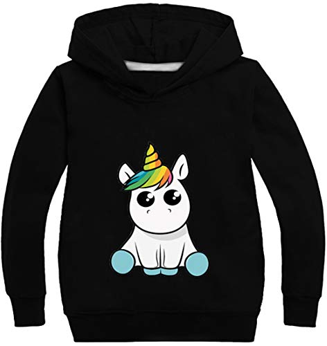 PANOZON Sudadera para Niños Niñas Impresión de Unicornio Pull-Over con Capucha Mangas largas (130, A negro134-21)