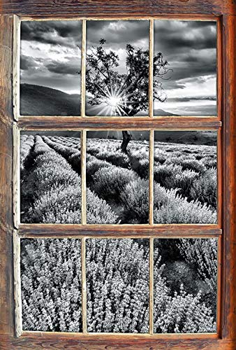 Pegatinas de pared Monocromo lavanda de ensueño provenzal con ventana de árbol solitario en apariencia 3D etiqueta de la pared o de la puerta etiqueta de la pared decoración de la pared 92x62cm