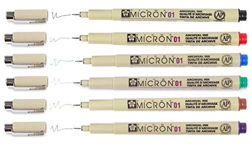 Pigma Micron Sakura Portamina 01- Conjunto De 6 Colores ,Negro, Marrón, Rojo, Verde, Púrpura, Azul