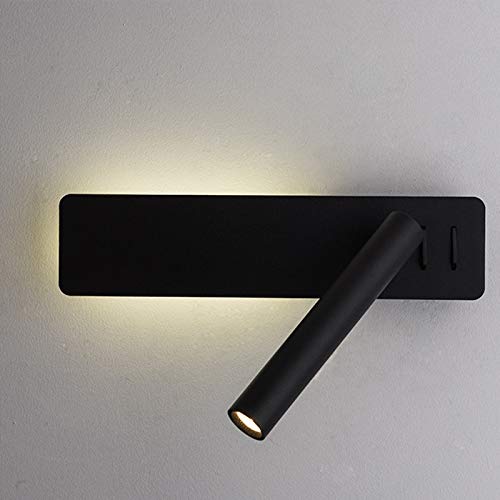 QEGY Aplique de Pared Negro con Interruptor, Lámpara de Mesita de Noche Moderna Aluminio Giratorio, Lampara de Lectura con Blanca Cálida para Interior Pasillos Habitación de Niños Iluminación