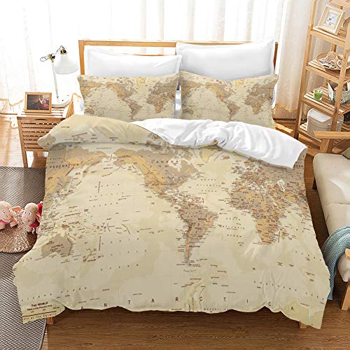 REALIN Funda Nórdica Mapa del Mundo Juego De Ropa De Cama Geografía Colcha 2/3/4PCS Fundas De Edredón Nórdico/Almohada/Sábanas,para Cama 90/135/150/180 (Cama 80/90(140×210cm)-3PCS,G)