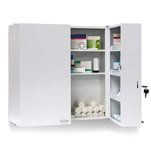 Relaxdays Botiquín de acero inoxidable XXL H x W x D: 53 x 53 x 20 cm con 11 estantes para un montón de espacio para guardar objetos y puerta con cerradura con 2 llaves, Modern Medicamentos de almacenamiento, muebles de baño blanco