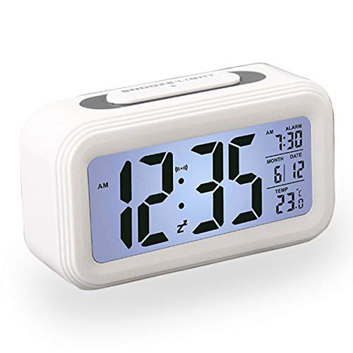 Reloj Despertador LCD Digital, Multi-Funciones Alarma Inteligente Muestra Hora, Temperatura, Fecha Silencioso como Regalo Creativo para Viejos Niños Dormitorio Oficina (Blanco)