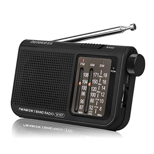 Retekess V117 Radio Portátil Radio de Bolsillo Am/FM/SW 3 Bandas con Perilla de Ajuste de Tipo Cilíndrico (Negro)