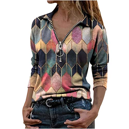 riou Blusas y Camisa Mujer Moda Solapa Estampado Geométrico Cremallera Manga Larga Blusa Casual Tops Suéter Suelta Tallas Grandes Otoño Invierno