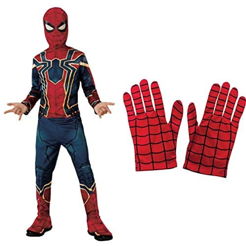 Rubies Disfraz Avengers Official Iron Spider, Spiderman Classic, Talla L, 8-10 anos, altura 147 cm (700659_L) + Spiderman - Guantes para disfraz de niño, talla Única ( 35631)