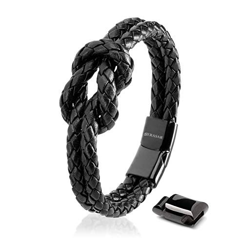 SERASAR 16cm Negro Pulsera de Cuero para Mujer con Joyero - Pulseras Brazalete Brazaletes Joyeria Bisuteria Regalos Parejas Mama Hermana Niña Hija Leather Bracelet Women Woman Gift Box Present