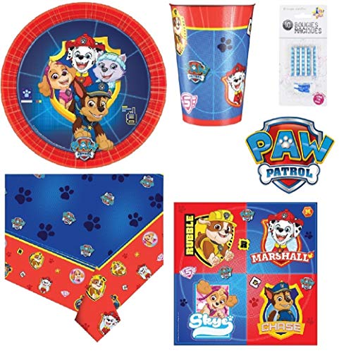 Set de Cumpleaños Completa Paw Patrol La Patrulla Canina 8 niños (8 Platos, 8 Tazas, 16 servilletas,1 Mantel + 10 Velas mágicas ofrecidas) Fiesta Mesa de decoración Novedad 2019