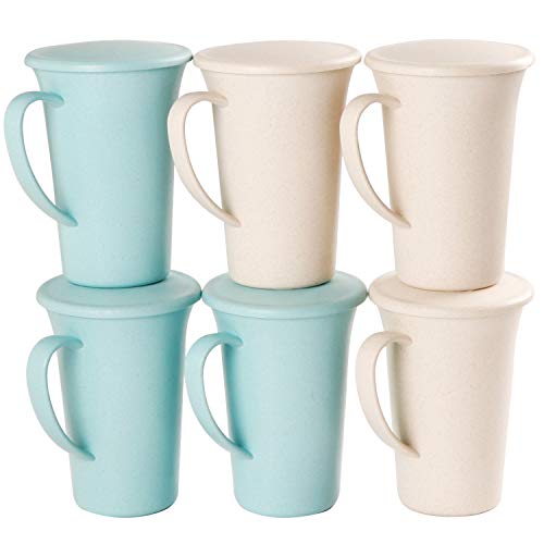 Shopwithgreen juego de 6 tazas irrompibles con tapa, 15.5 onzas, taza de fibra de paja de trigo duradera, para agua, café, leche, zumo, té, apta para microondas y lavavajillas, ecológica y degradable