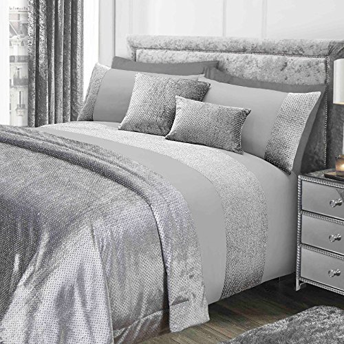 Sienna Juego de Ropa de Cama con Funda de Almohada de Terciopelo Brillante, Color Gris, Plateado, tamaño King