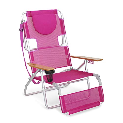 Sigtua Silla de Playa Cama Plegable Tombona 5 Posiciones Apoyabrazos Ajustables con reposacabezas Cosido, Correa portátil, Portavasos, 130x73x100cm Rosa