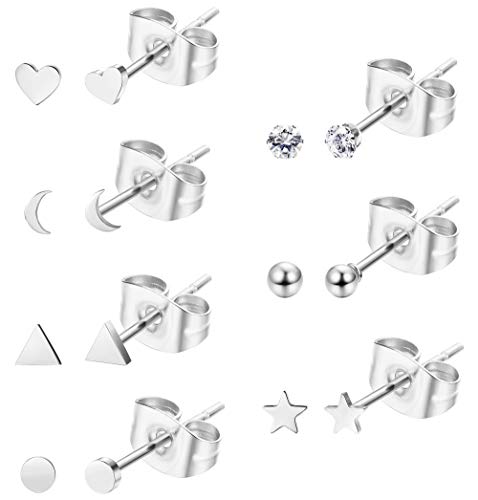 Sllaiss Juego de 7 pares de aretes geométricos pequeños de acero inoxidable con forma de corazón y estrella CZ para cartílago con caja de regalo