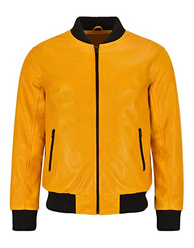 Smart Range Leather Chaqueta de Bombardero de Cuero para Hombres, Color Amarillo Mostaza Perforada, Cuero napa, Serie clásica de Aviador 4987 (3XL)