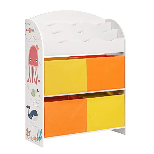 SONGMICS Estantería de Juguetes, Librería Infantil con 3 Compartimentos, con 4 Cestas de Almacenamiento, para Habitación de los Niños y Sala de Juegos, Blanco GKRS40WT