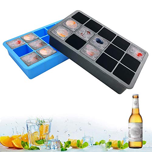 Sprießen Cubitos de Hielo Molde de 15 Celdas, 2 Piezas de Silicona Bandeja de Hielo, Certificado por LFGB, Bandejas Hielo de congelador de Silicona para Cerveza, cócteles y Whisky (Azul/Negro)