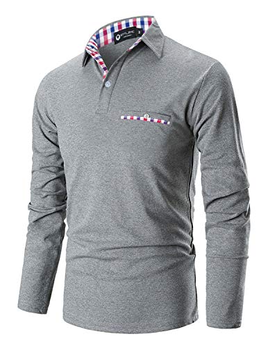 STTLZMC Casual Polo Hombre Mangas Largas Camisetas Deporte Algodón Clásico Plaid Cuello,Gris,Medium