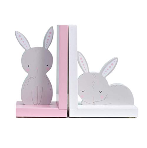 Sujetalibros Antideslizantes de Conejo de Madera for la decoración de la habitación del niño y la habitación del Cuarto de niños, Rosa, Blanco y Gris sujetalibros