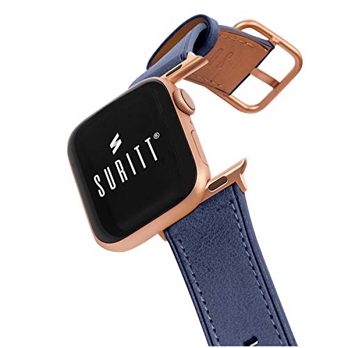 Suritt ® Correa para Apple Watch de Piel Rio (6 Colores Disponibles). 3 Colores de Hebilla y Adaptador para Elegir (Negro - Plata - Oro)(Series 6, SE, 5, 4, 3). (42mm / 44mm, Midnight Blue/Gold)