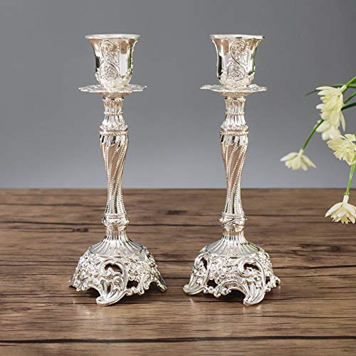 Sziqiqi Juego de 2 Candelabros de Metal Portavelas Plata para Comedor Mesa de Centro de Mesa Boda Decoración, Candelabros Adornados para Velas Shabat Taper, Argento