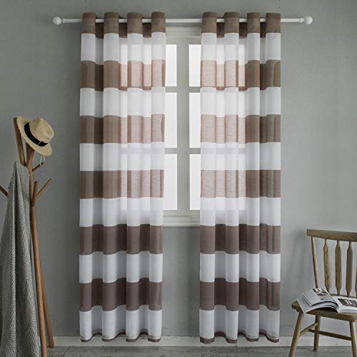 Topfinel Cortinas Rayas Translúcidas netas Visillos Paneles para Ventanas Niños Habitaciones Gasa con Blanco de Ojetes,140 Anchura x 220cm Longitud 1 par Marrón