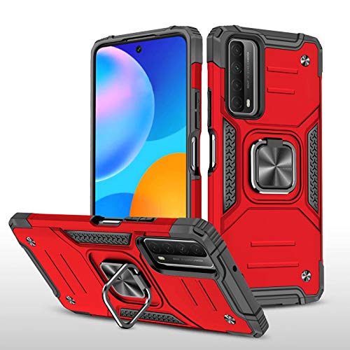 TOPOFU Funda para Huawei P Smart 2021 Funda, 360° Anillo iman Soporte, Silicona Case Anti-Arañazos Shock-Absorción Mezcla Doble Capa Armadura Original Proteccion Cover (Rojo)