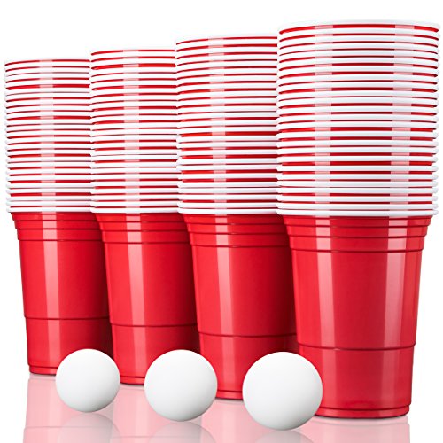 TRESKO® Vaso para fiestas vaso de plástico, vaso de plástico para bebidas, para refrescos cerveza Cola cócteles cerveza botellón beer pong, rojo, 473 ml de capacidad (100 Pcs con 6 Bolas)