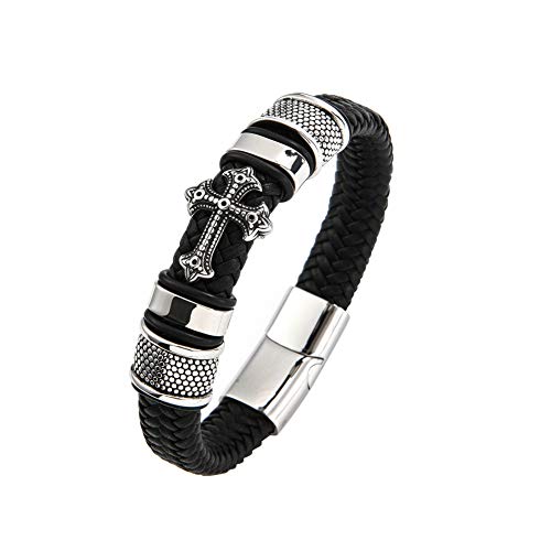 TTXLY Pulsera Personalidad Creativa para Hombres Nueva Pulsera de Acero de Titanio Pulsera Tejida con Cuero Cruzado Hebilla magnética Pulsera de Cuero Joyas Varios tamaños,Black,24cm