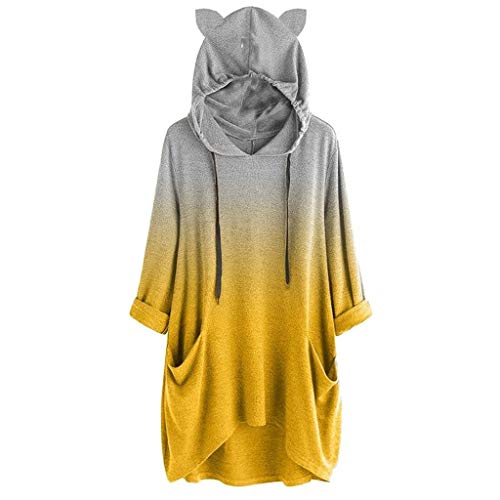 TUDUZ Blusas Mujer Manga Larga Camisas Sudadera Oreja De Gato con Capucha Tops De Color Degradado (Amarillo.b, XXXL)