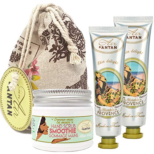 Un Air d’Antan Caja Regalo Mujer 1 Exfoliante Manos 50ml, 2 Cremas de Manos Hidratante PROVENCE con Manteca de Karite y Aloe Vera, Perfume Verbena, 2x25ml, Navidad Regalo Mujer Originales, Cumpleaños