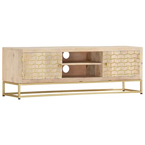 UnfadeMemory Mueble para TV Vintage,Soporte de TV,Armario Bajo,Madera Maciza de Mango,120x30x40cm,Madera Claro y Dorado