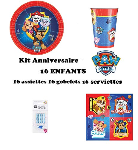 uni que Set de Cumpleaños 48 Piezas Paw Patrol La Patrulla Canina 16 niños (16 Platos, 16 Tazas, 16 servilletas + 10 Velas mágicas ofrecidas) Fiesta Mesa de decoración Novedad 2019