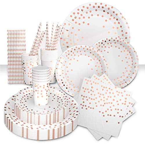 VAINECHAY 146pcs Vajilla Desechable Cumpleaños Adulto Platos Desechables Fiesta Infantil Vasos de Papel Servilletas Pajitas para Navidad Boda Baby Shower Aniversario Oro Rosa 24 invitados