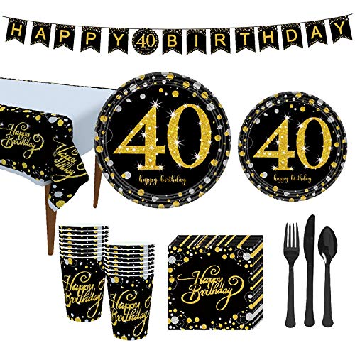 VAINECHAY 40 Cumpleaños Fiesta Decoración - 40 Números Negro y Dorados Platos, Happy Birthday Pancarta,vajilla desechable de Feliz Cumpleaños Vasos Servilletas para Hombre Mujer