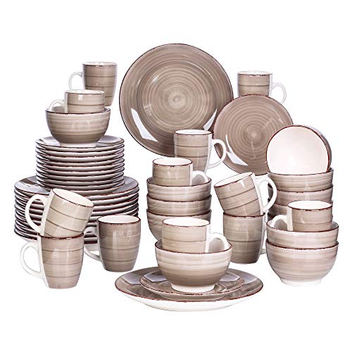 vancasso Serie Bella Rojo Juego de Vajillas 48 Piezas Vajillas Completas Gres para 12 Personas Moroccan Estilo con Platos de Cena, Postre, Cuencos, Tazas, Marrón