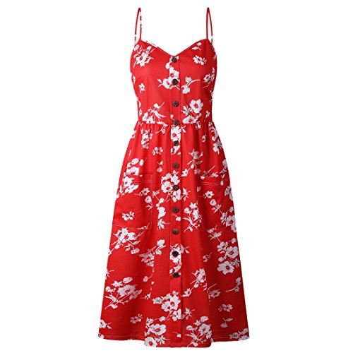 Vestidos de Mujer Summer Floral Bohemia Correa de Espagueti Abotonado Vestido Midi Swing con Bolsillos 16 Color