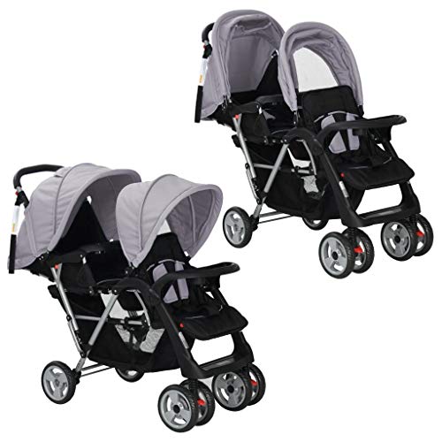 vidaXL Carrito Doble 2 Bebés Acero Tela Gris Negro Cochecito Gemelos Mellizos