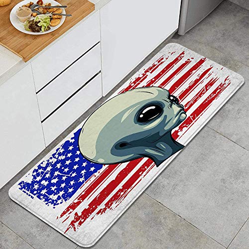 VINISATH Cara Verde Extraterrestre alienígena con Bandera Americana Alfombrillas de Cocina Antideslizantes Felpudo Lavable Juego de Alfombras de Microfibra