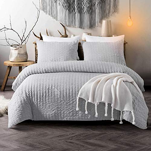 Vivilineneu Juego de Funda nórdica Seersucker, 3 Piezas Juego de Cama de Microfibra Lavada al Agua, Estilo Natural, con Cremallera y Esquinas, Gris Claro 240x220cm