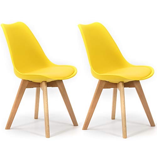 VS Venta-stock Pack 2 sillas Klara Amarillo, Pata Madera y Asiento Acolchado, Estilo nórdico