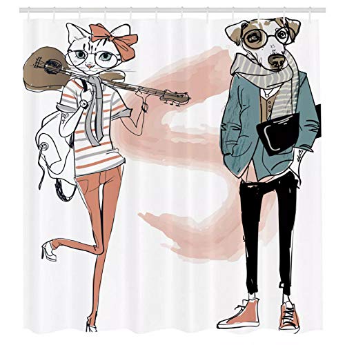 Vvff Cortina De Ducha Indie con Estampado De Personajes De Gato Y Perro Urbano para Baño-XXL