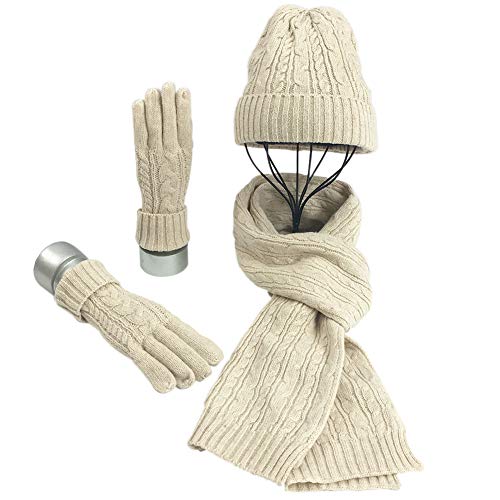 Warmiehomy Set de Bufandas y Guantes y Sombreros de Invierno, 3 Piezas Conjunto de Gorros y Estolas Guantes de Punto, Suave Cálido, para Mujer Hombre Adultos y Niños- Beige