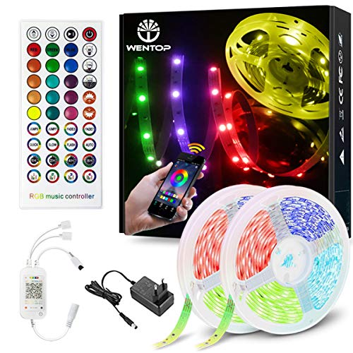 WenTop Tiras LED Bluetooth 30m, Luces LED RGB Colores con Control Remoto de 40 Botones y Fuente de Alimentación de 12V, Para Habitación, Dormitorio, Cocina, Techo, Festival Decorativos.