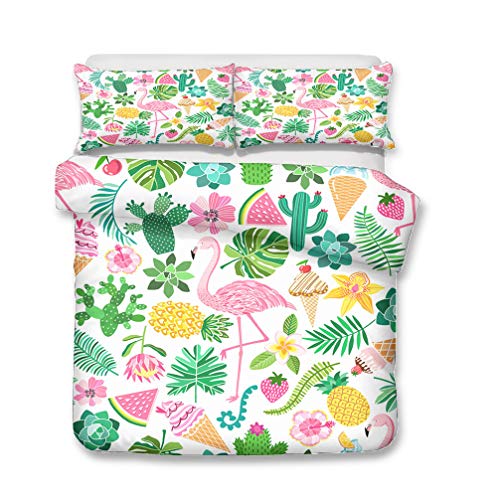 WENYA Animales 3D Flamenco Juego de Cama Verano Rosa Verde Blanco Tropical Selva Hoja Floral Piña Helado Funda Nórdica y Funda de Almohada Microfibra Muchachas (Estilo 2, 220x240 cm - Cama 150 cm)