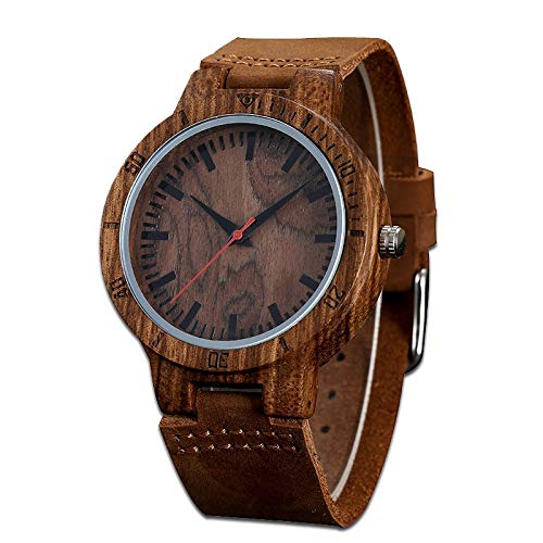 WFE&QFN Reloj de Madera Reloj para   Hombre Relojes de Escultura de Madera Esfera Redonda Banda de Cuero Bambú Natural Cuarzo analógico Reloj de Pulsera para Hombre, Reloj