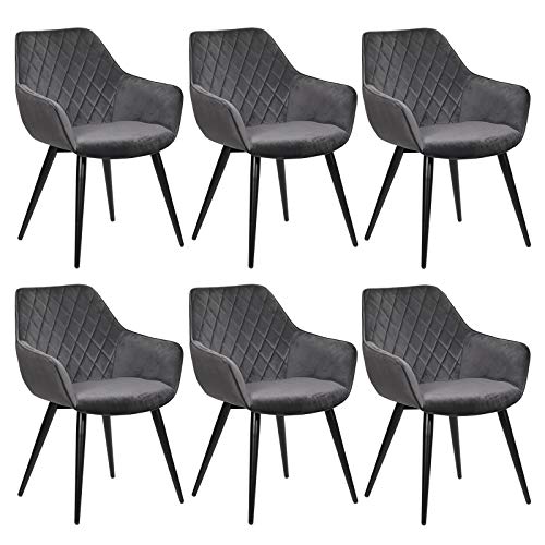 WOLTU 6X Sillas Cocina Terciopelo Sillas de Comedor Nordicas Silla de Diseño Paquete de 4, Silla de Cocina Silla de Escritorio Tapizada con Reposabrazos, Estructura de Metal Gris Oscuro BH153dgr-6