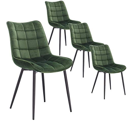 WOLTU Pack de 4 Sillas de Comedor Asiento de Terciopelo Silla Diseño Silla Tapizada Estructura Metálica Sillón con Respaldo Silla de Cocina Verde Oscuro