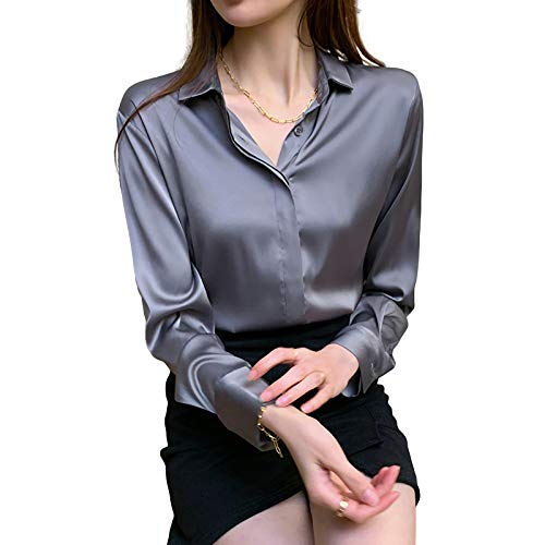 X-xyA Blusa Satinada de Seda Femenina Gris Nueva Primavera Suelta Manga Larga Camisa Satinada,S