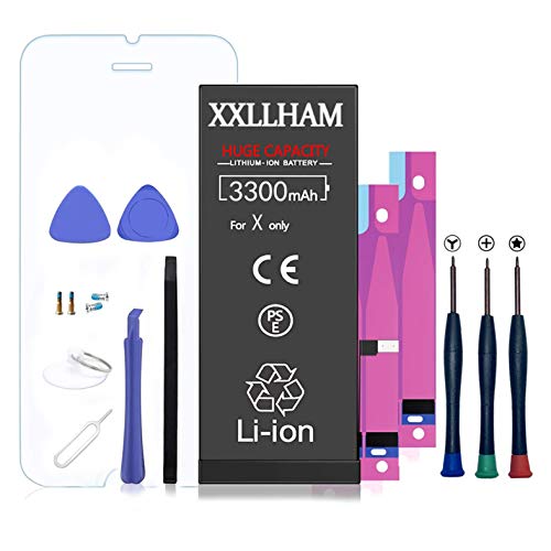 XXLLHAM Batería Interna de Alta Capacidad compatible con iPhone X 3300mAh con Kits de Herramientas Adhesivas de Hoja de Vidrio Templado Manual